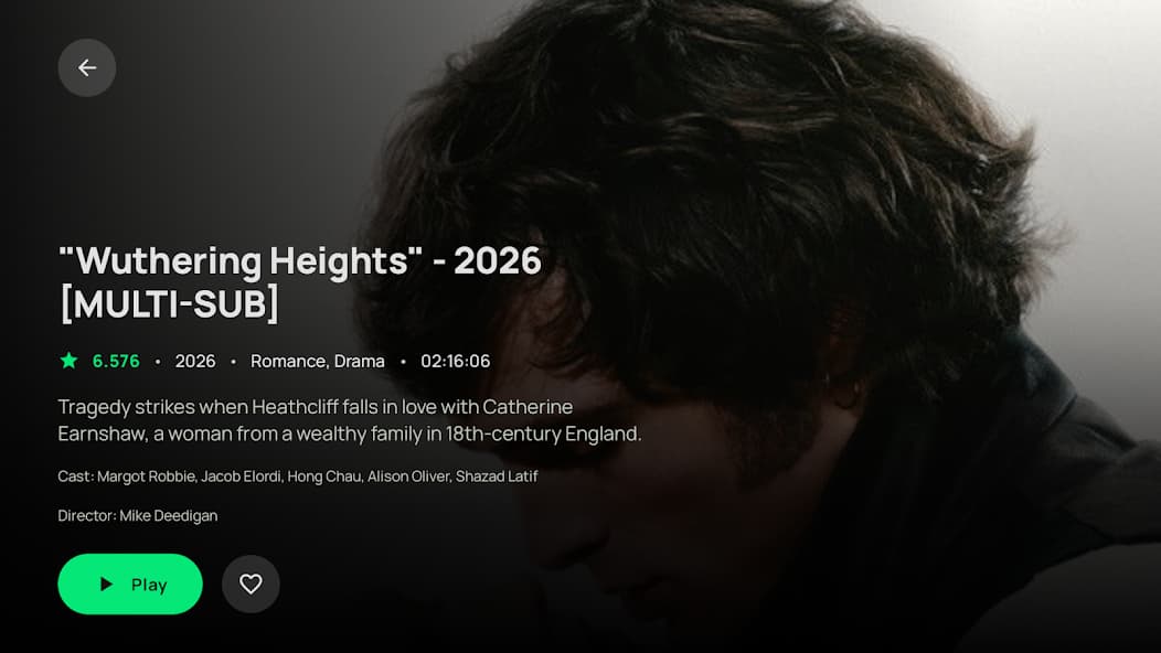 Kyro Player on Android TV — movie detail page with cast, rating, and play button