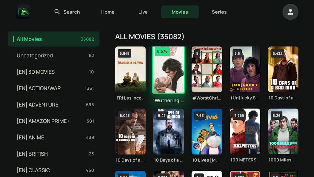 Kyro Player on Android TV — Movies library with categories and poster artwork
