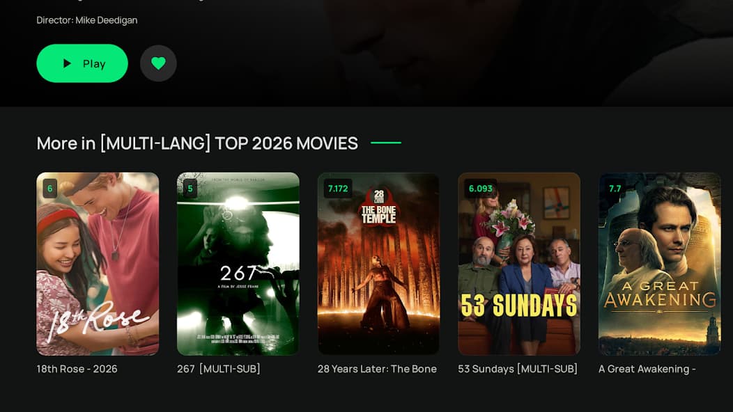Kyro Player on Android TV — related and top movies row with posters